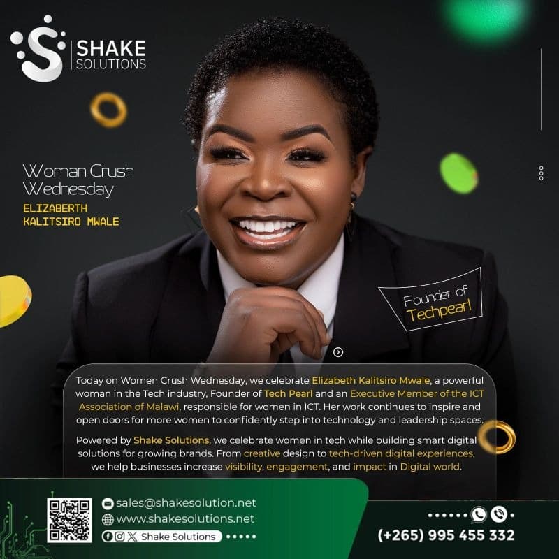 Shake Solutions "Woman Crush Wednesday" feature celebrating Elizabeth Kalitsiro Mwale, Founder of TechPearl and Executive Member of ICTAM responsible for women in ICT.
